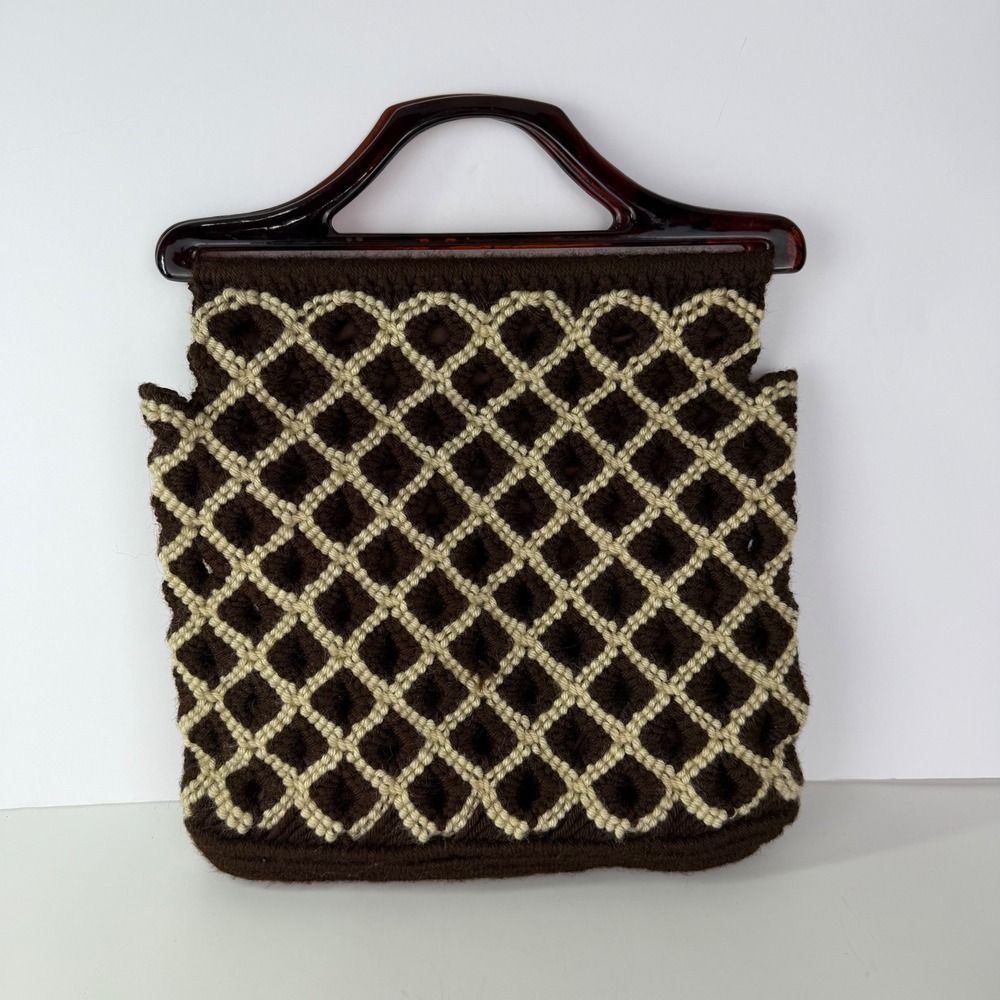 Vintage 70s Wool Handbag Brown Cream Diamond Pattern Tortoiseshell Handle Bag - Picture 2 of 10